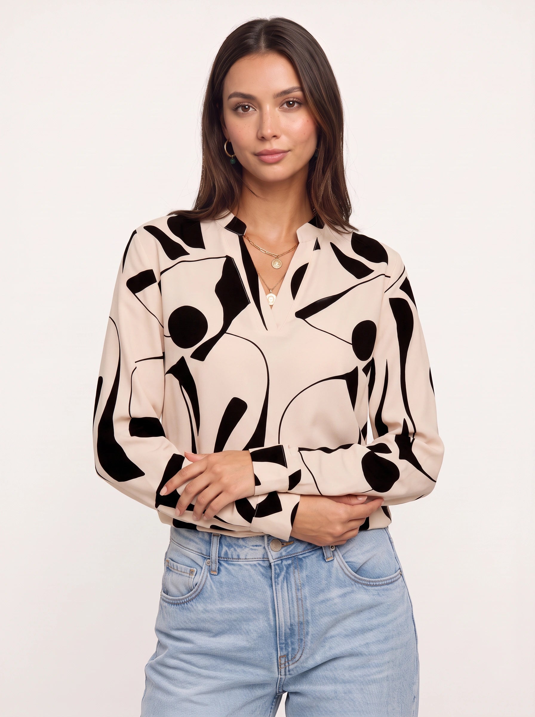 Grafiora - Chemise oversize à imprimé abstrait - Blouse boutonnée à col et manches longues pour femme, idéale en automne