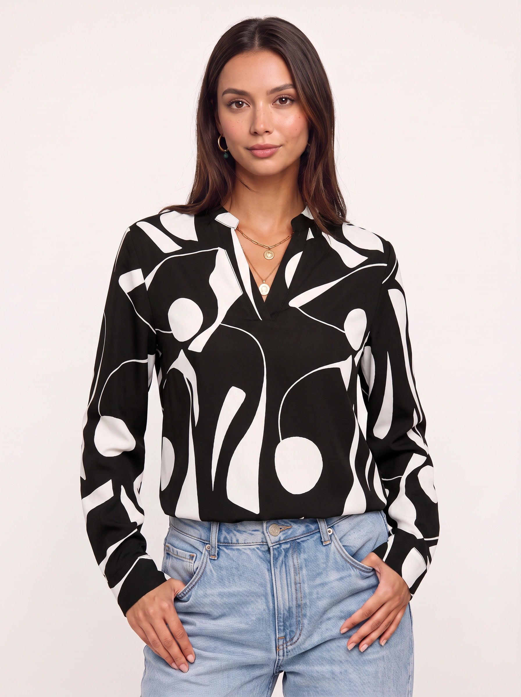 Grafiora - Chemise oversize à imprimé abstrait - Blouse boutonnée à col et manches longues pour femme, idéale en automne