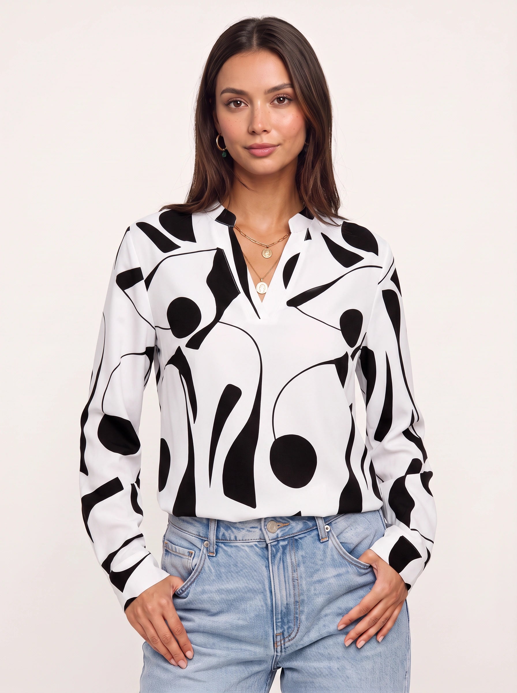 Grafiora - Chemise oversize à imprimé abstrait - Blouse boutonnée à col et manches longues pour femme, idéale en automne