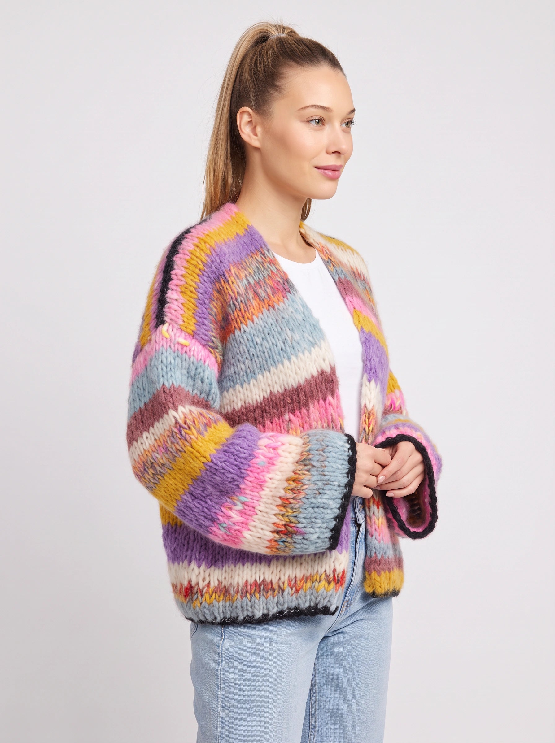 Flambri cardigan oversize à grosses mailles rayées - pull d'hiver chaud pour femme, ouvert sur le devant