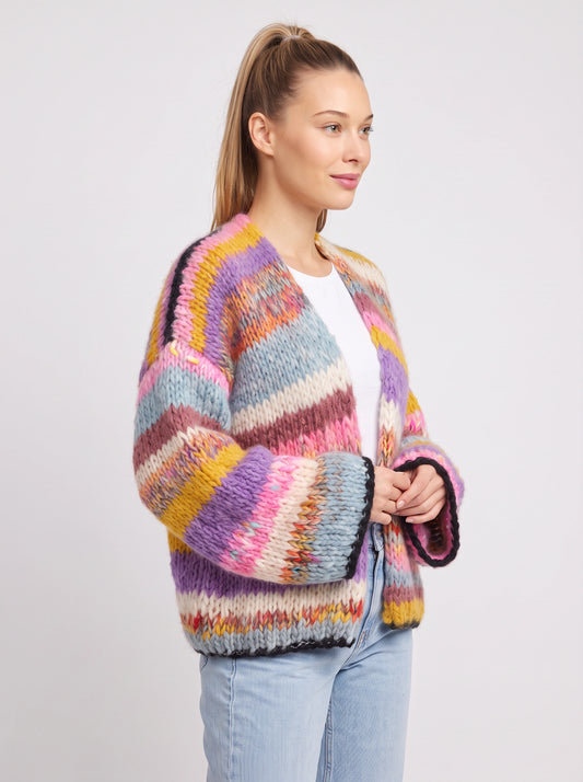 Flambri Striped Chunky Knit Cardigan – Open Front Women Oversized Winter Sweater Cozy Knitwear