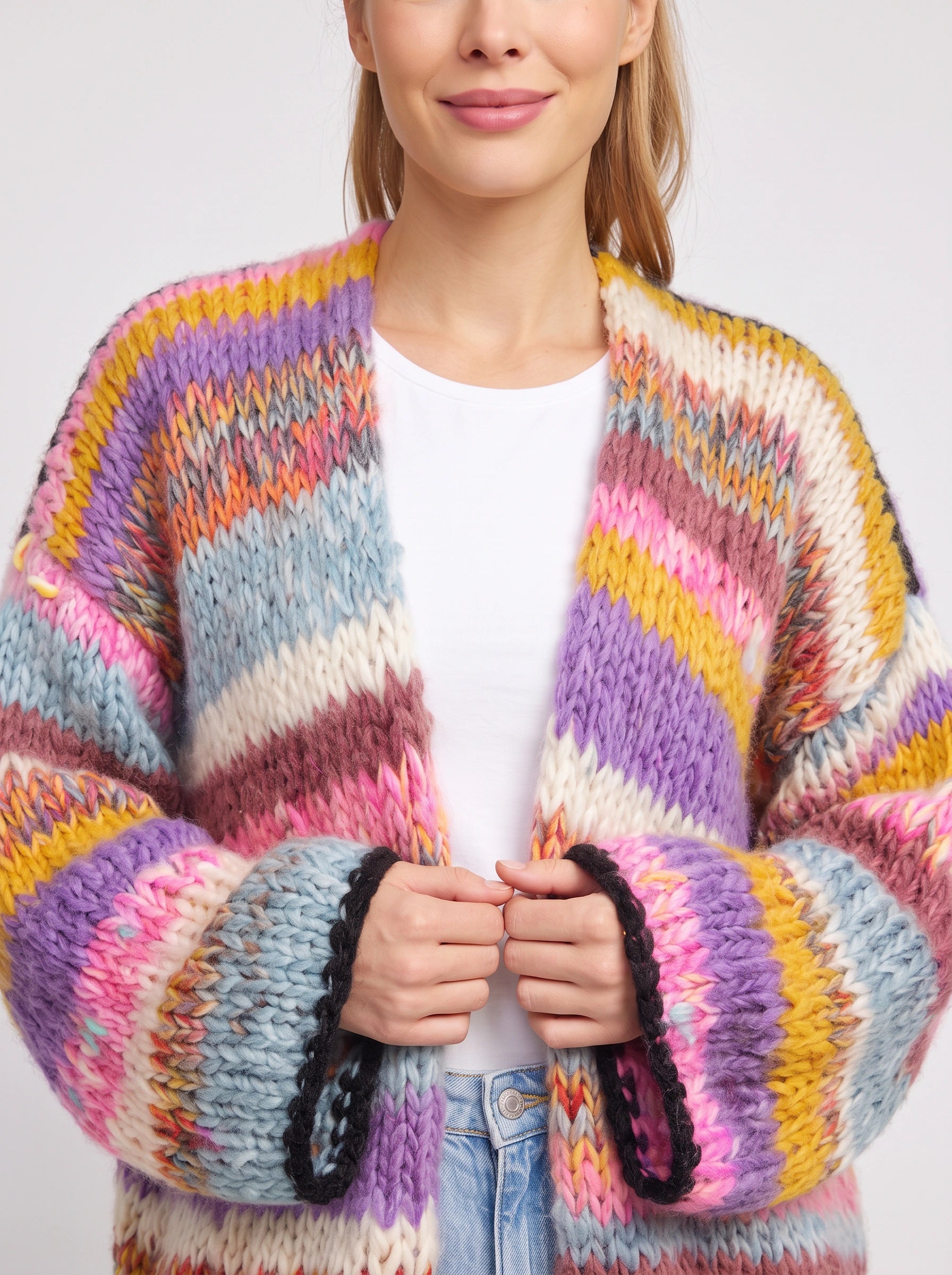 Flambri cardigan oversize à grosses mailles rayées - pull d'hiver chaud pour femme, ouvert sur le devant