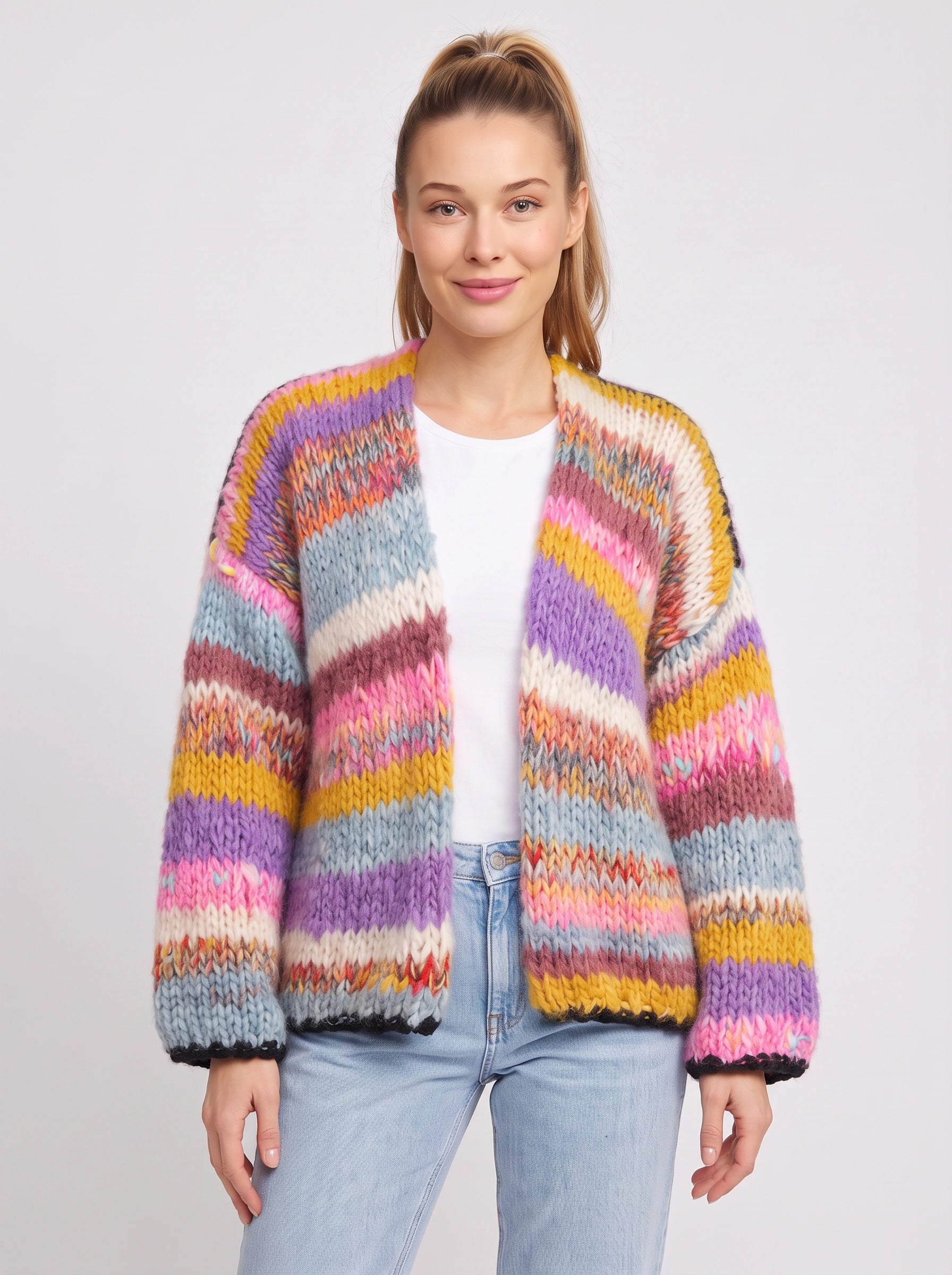 Flambri cardigan oversize à grosses mailles rayées - pull d'hiver chaud pour femme, ouvert sur le devant