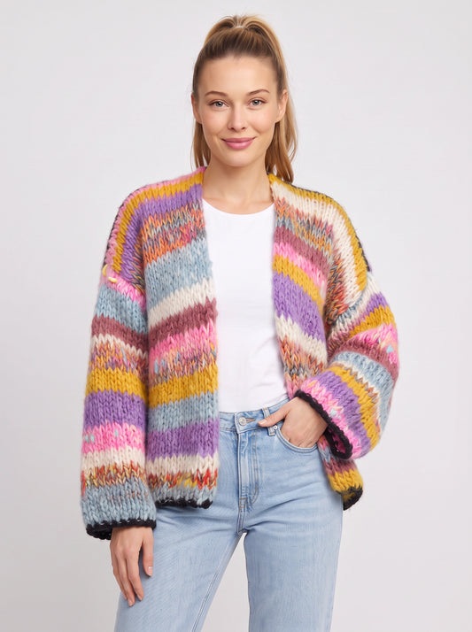 Flambri Striped Chunky Knit Cardigan – Open Front Women Oversized Winter Sweater Cozy Knitwear
