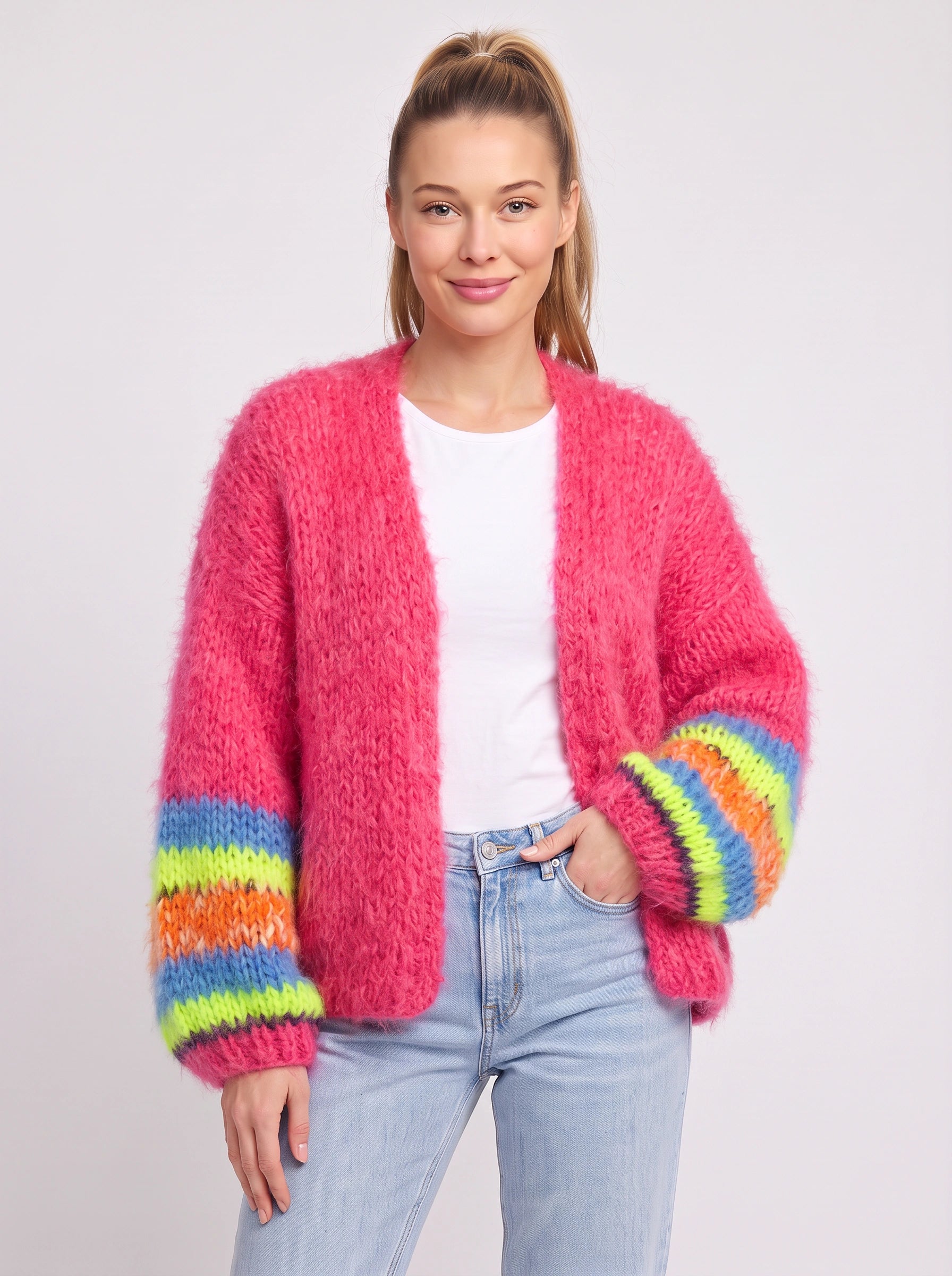 Flambri cardigan oversize à grosses mailles rayées - pull d'hiver chaud pour femme, ouvert sur le devant