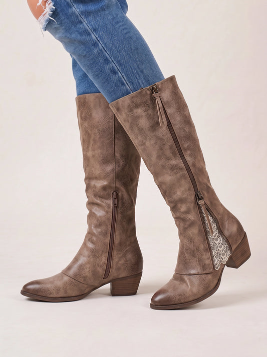 Ombeline Knee-High Suede Boots – Women Tall Suede Boots Low Heel Lace Detail Western Riding Boots