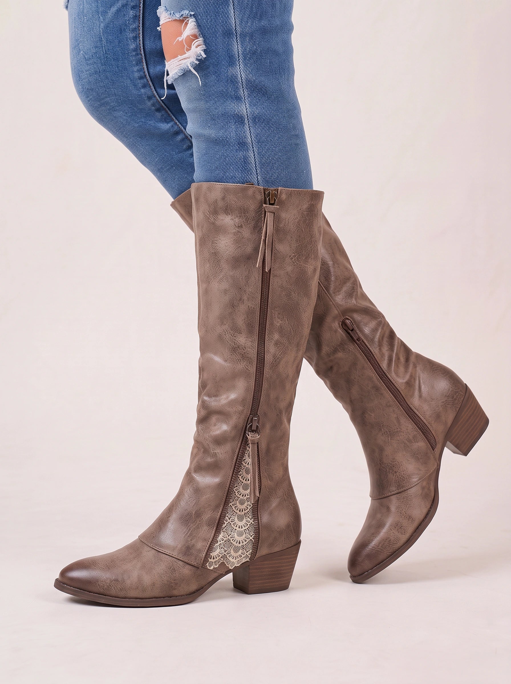 Ombeline bottes hautes en daim jusqu'au genou - bottes hautes en daim pour femme, talon bas, détail à lacets, style western et équestre