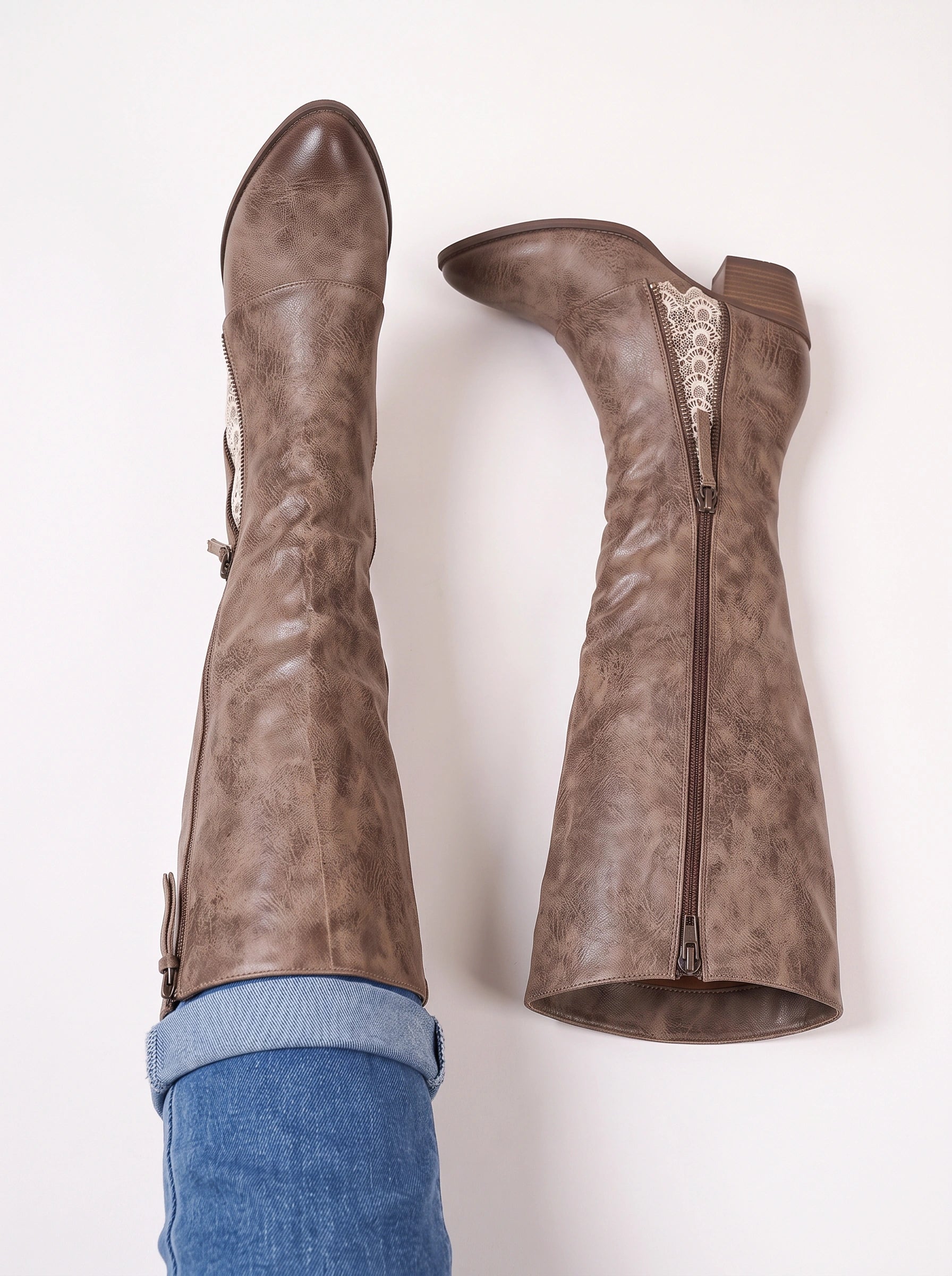 Ombeline bottes hautes en daim jusqu'au genou - bottes hautes en daim pour femme, talon bas, détail à lacets, style western et équestre