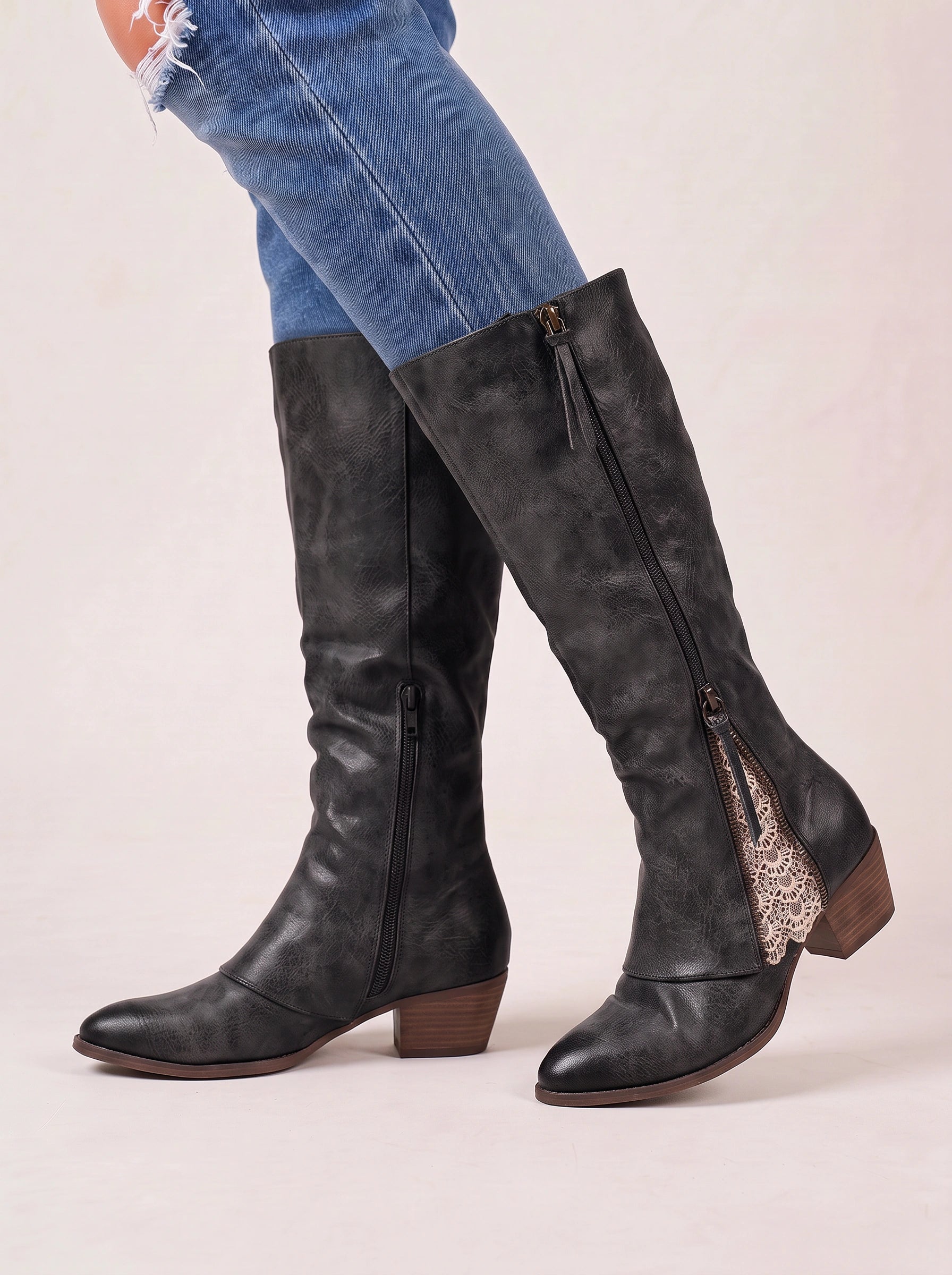 Ombeline bottes hautes en daim jusqu'au genou - bottes hautes en daim pour femme, talon bas, détail à lacets, style western et équestre
