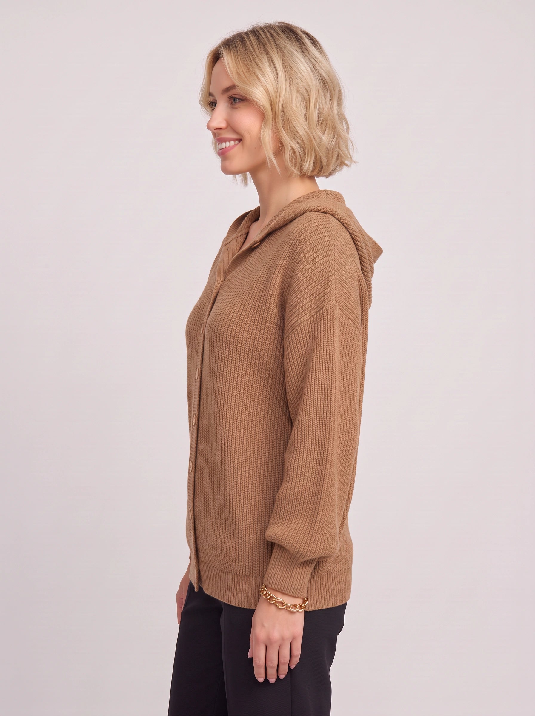 Cavenor cardigan à capuche en maille côtelée - cardigan-pull côtelé pour femme, boutonné sur le devant, maille courte
