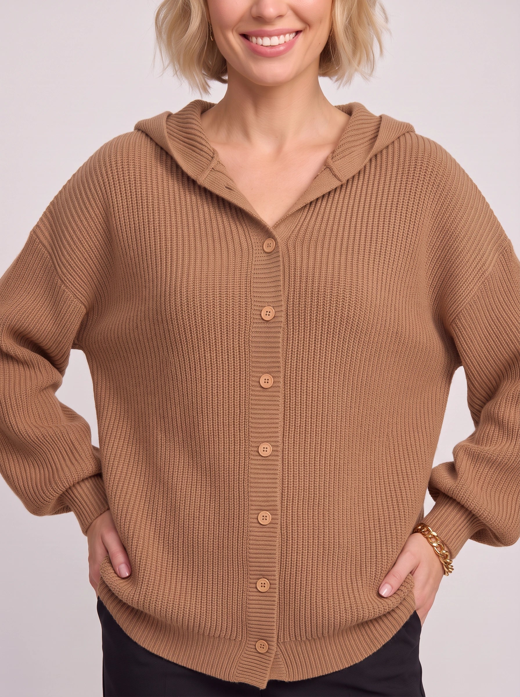 Cavenor cardigan à capuche en maille côtelée - cardigan-pull côtelé pour femme, boutonné sur le devant, maille courte