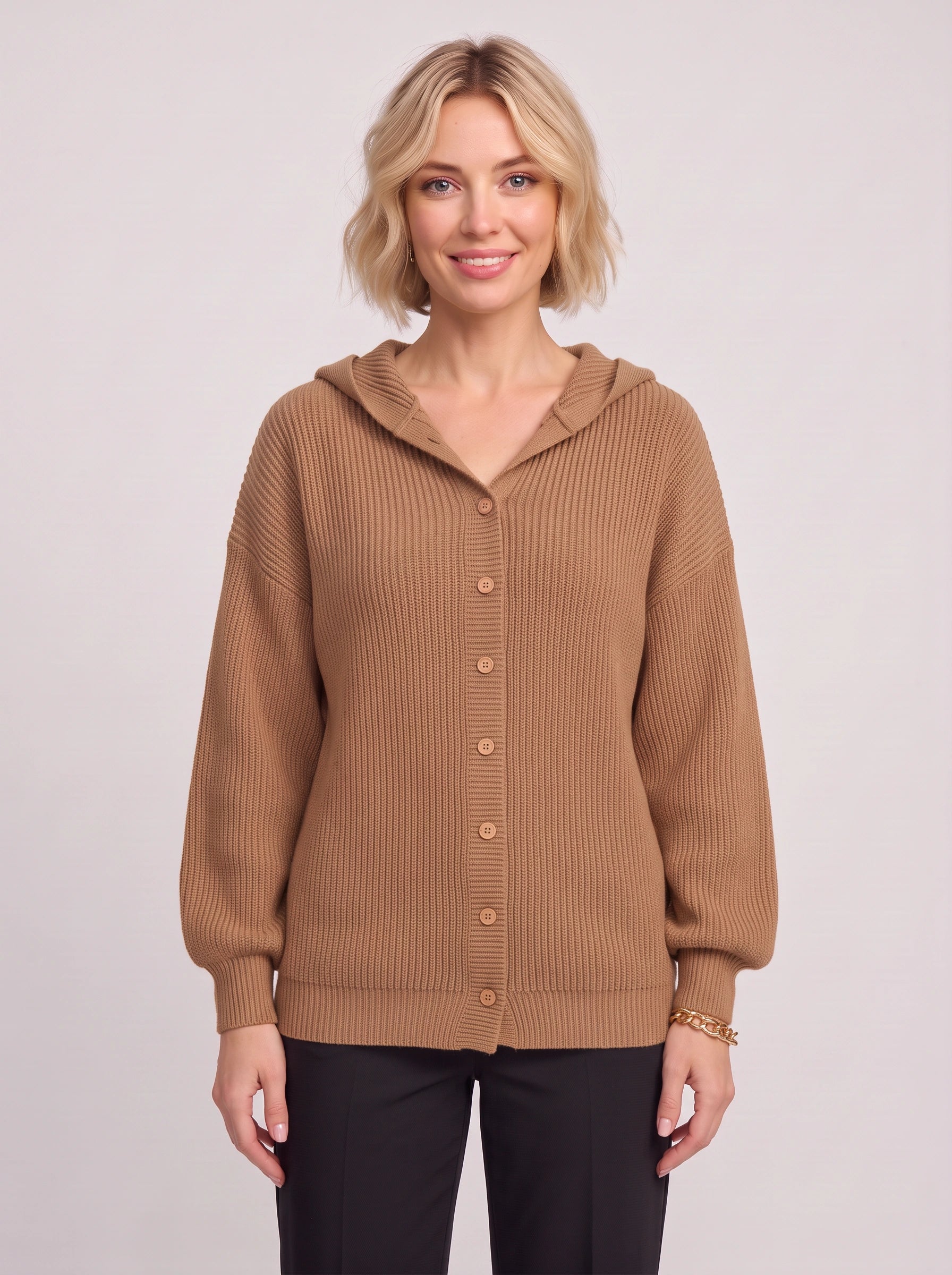 Cavenor cardigan à capuche en maille côtelée - cardigan-pull côtelé pour femme, boutonné sur le devant, maille courte