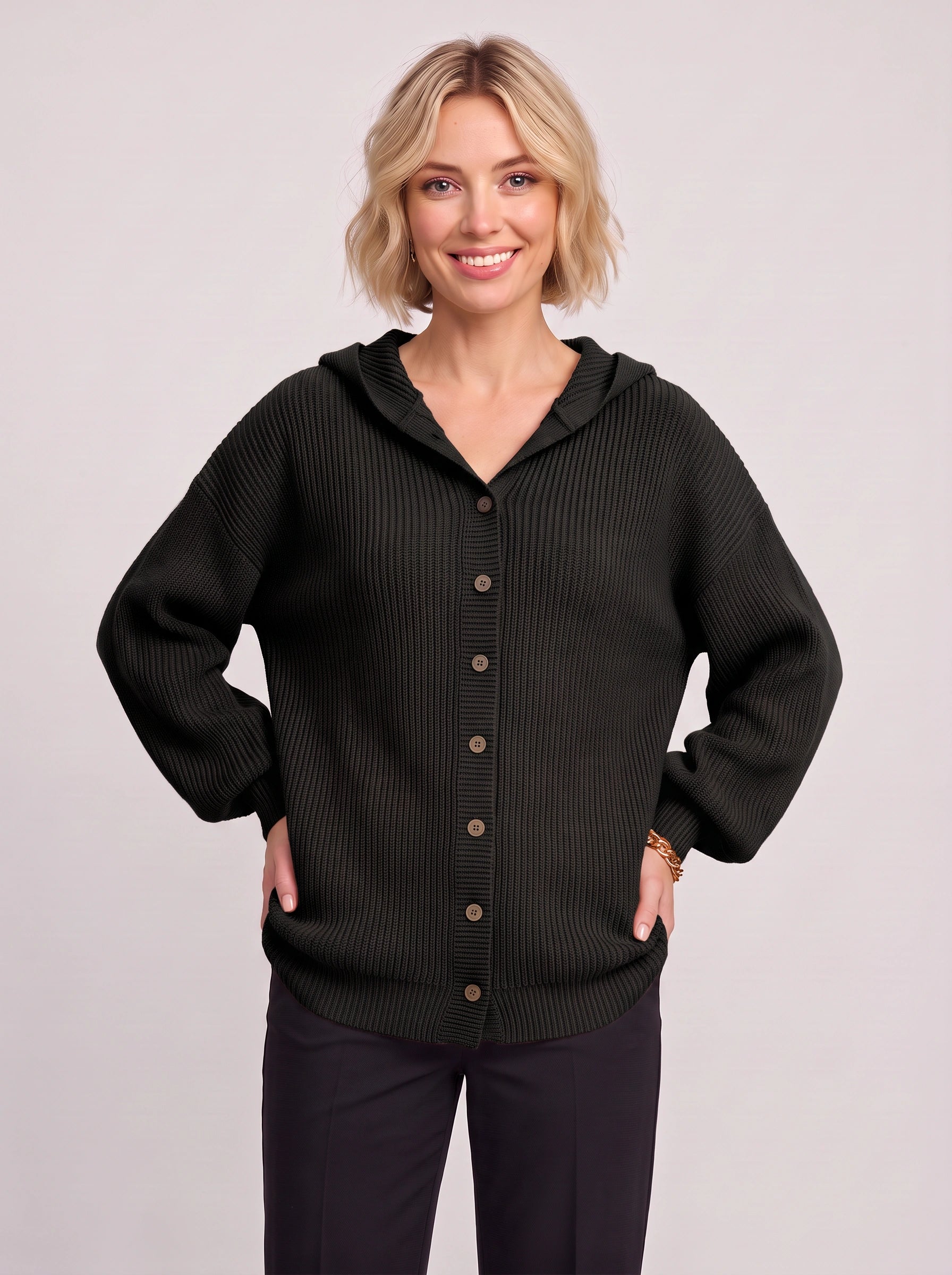 Cavenor cardigan à capuche en maille côtelée - cardigan-pull côtelé pour femme, boutonné sur le devant, maille courte