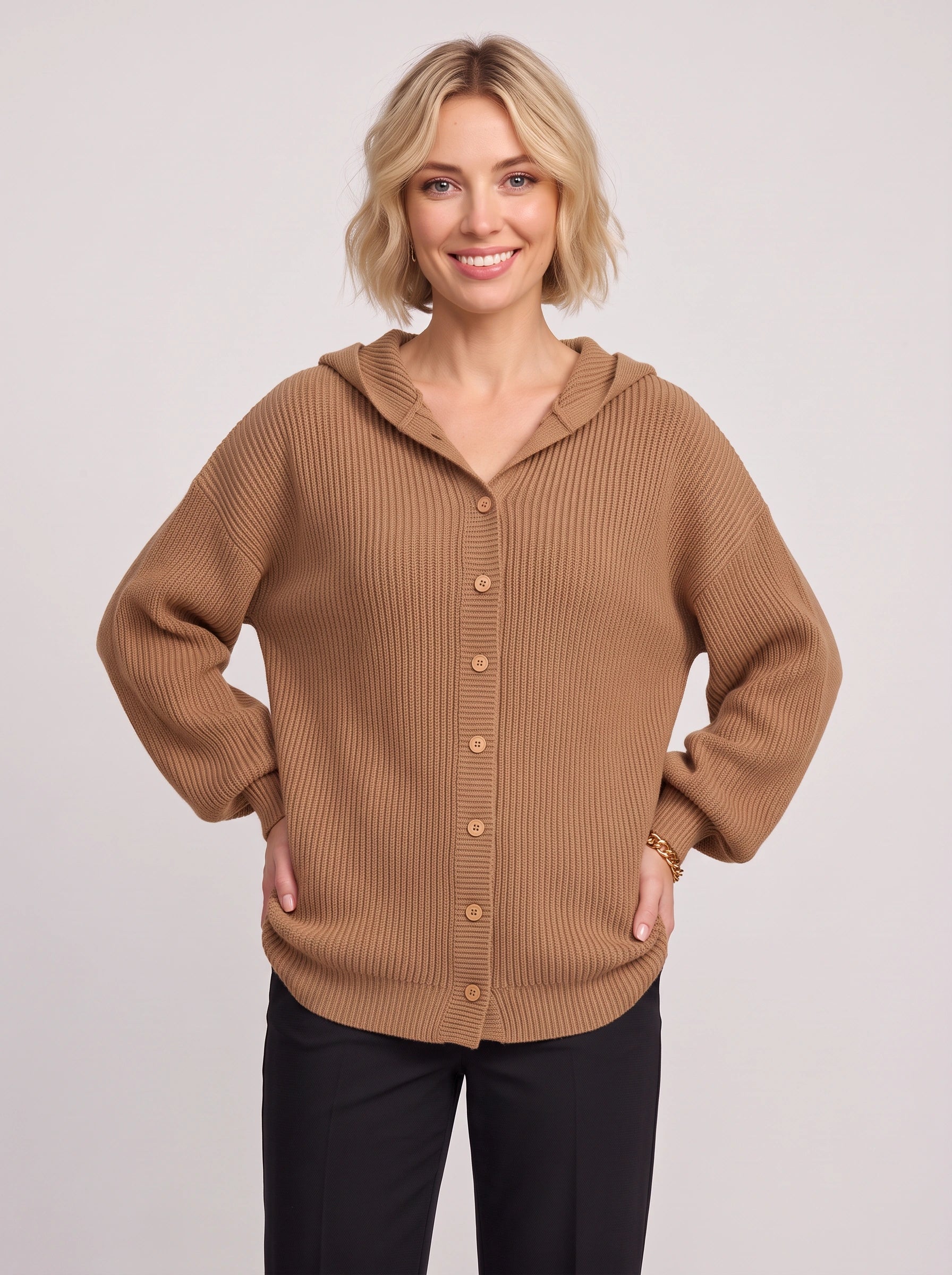 Cavenor cardigan à capuche en maille côtelée - cardigan-pull côtelé pour femme, boutonné sur le devant, maille courte