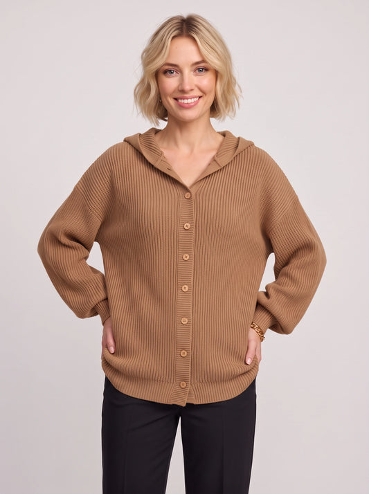 Cavenor Ribbed Knit Hooded Cardigan – Women Ribbed Cardigan Sweater Button Front Crop Knitwear
