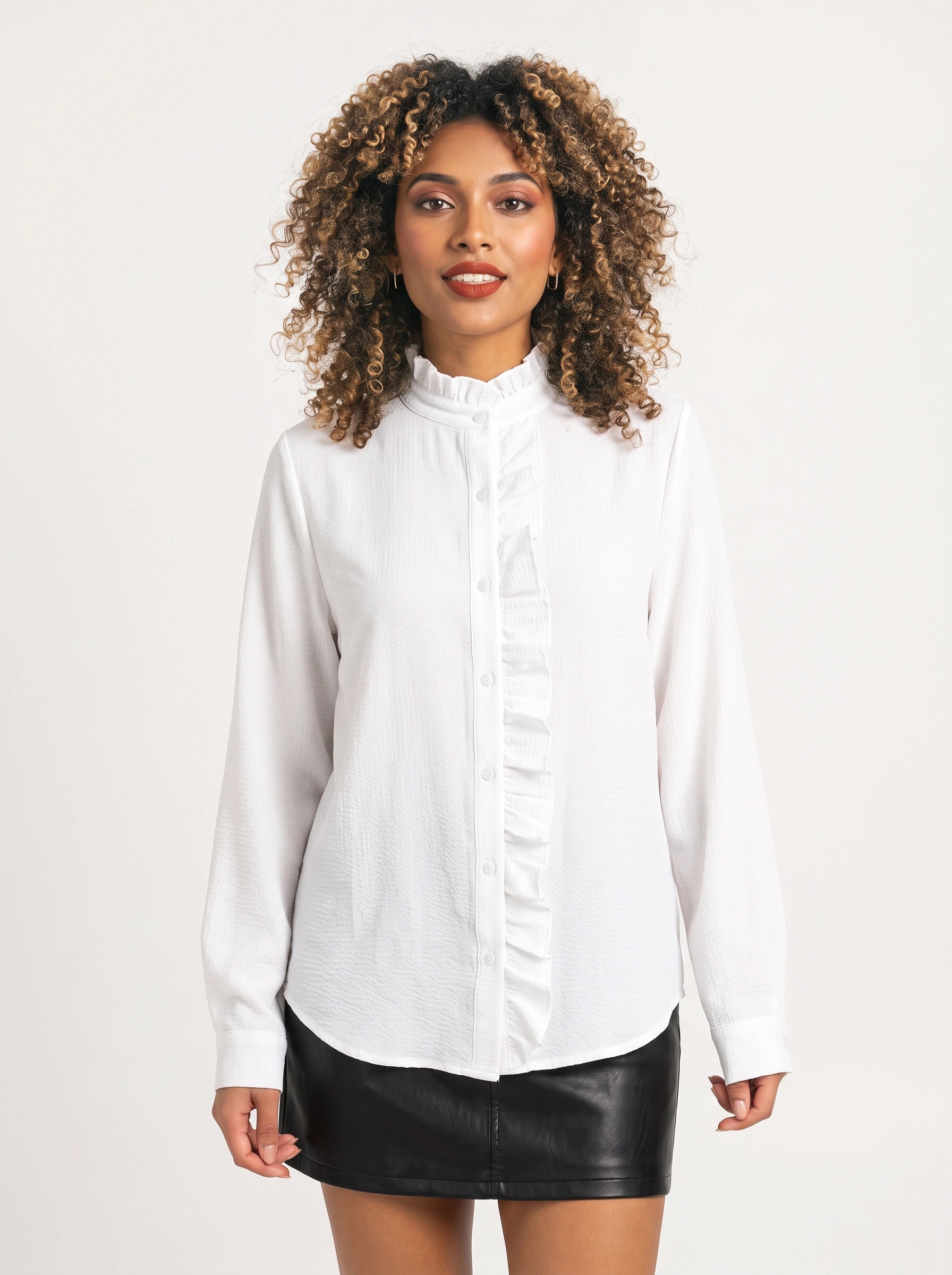 Frillina - Blouse à volants et boutonnage devant - Haut rayé décontracté à manches longues pour femme, idéal pour le bureau