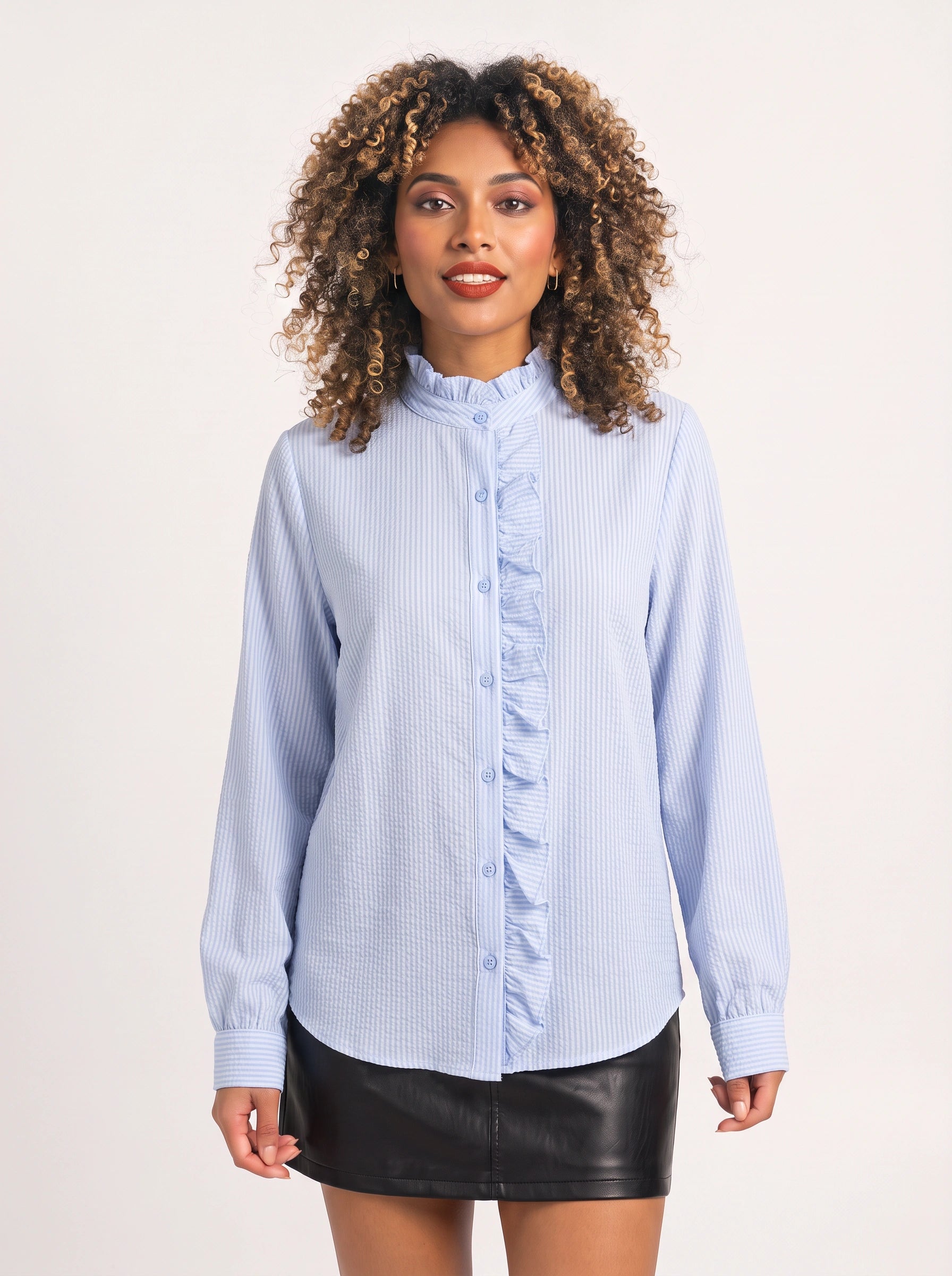 Frillina - Blouse à volants et boutonnage devant - Haut rayé décontracté à manches longues pour femme, idéal pour le bureau