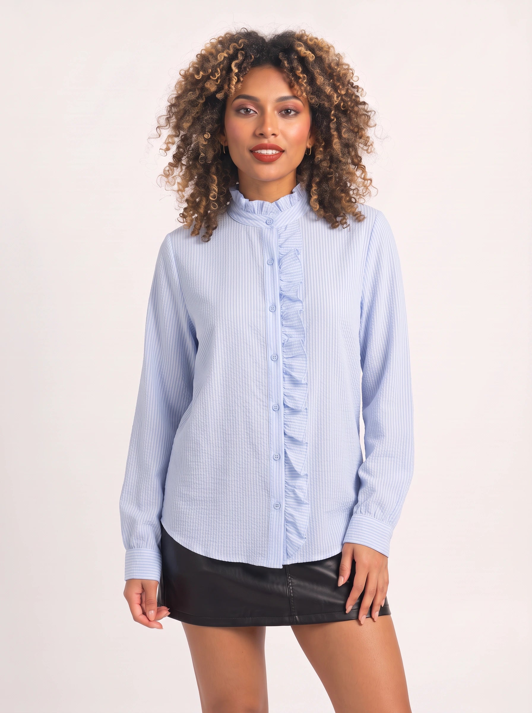 Frillina - Blouse à volants et boutonnage devant - Haut rayé décontracté à manches longues pour femme, idéal pour le bureau