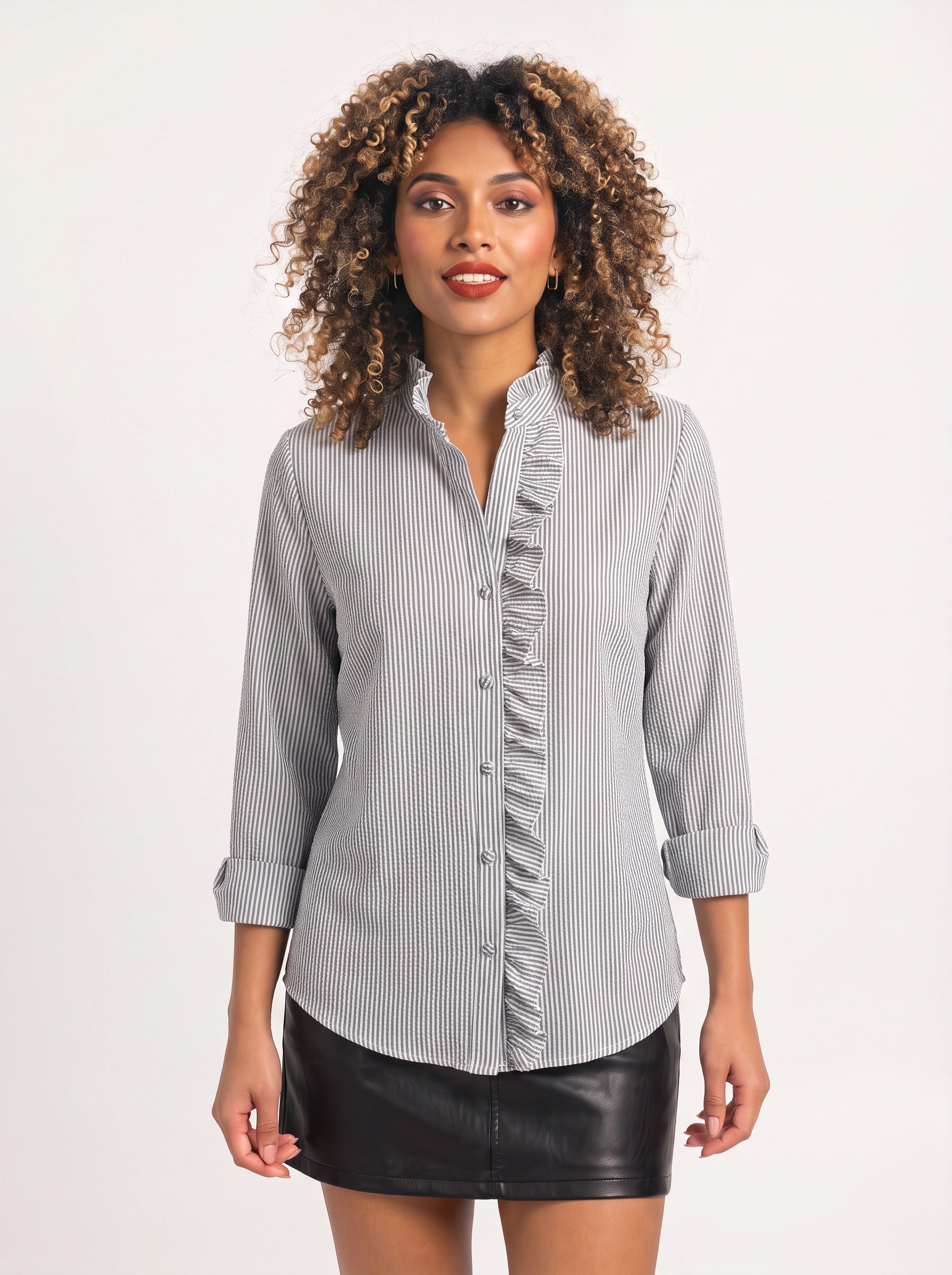 Frillina - Blouse à volants et boutonnage devant - Haut rayé décontracté à manches longues pour femme, idéal pour le bureau