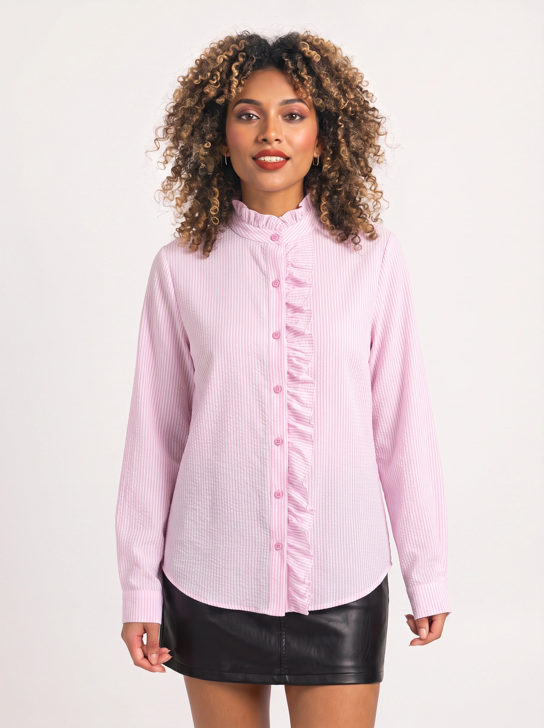 Frillina - Blouse à volants et boutonnage devant - Haut rayé décontracté à manches longues pour femme, idéal pour le bureau