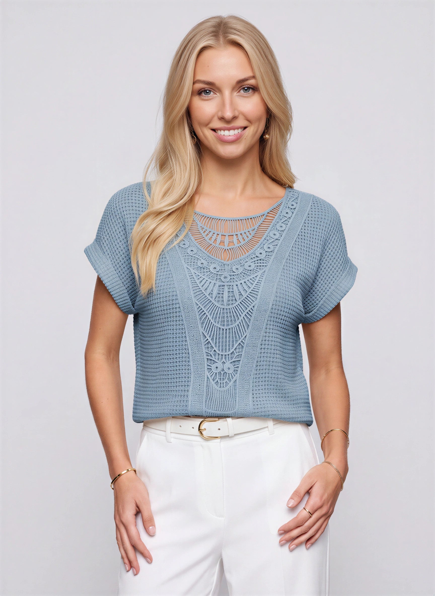 Tessina - Crop top ajouré en crochet - Blouse en dentelle décontractée pour femme, style bohème, à manches courtes