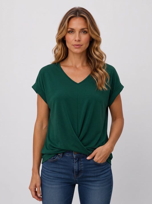 Vertice Twist Front V-Neck Top – Casual Everyday Women Relaxed T-Shirt Cuffed Sleeve Tunic