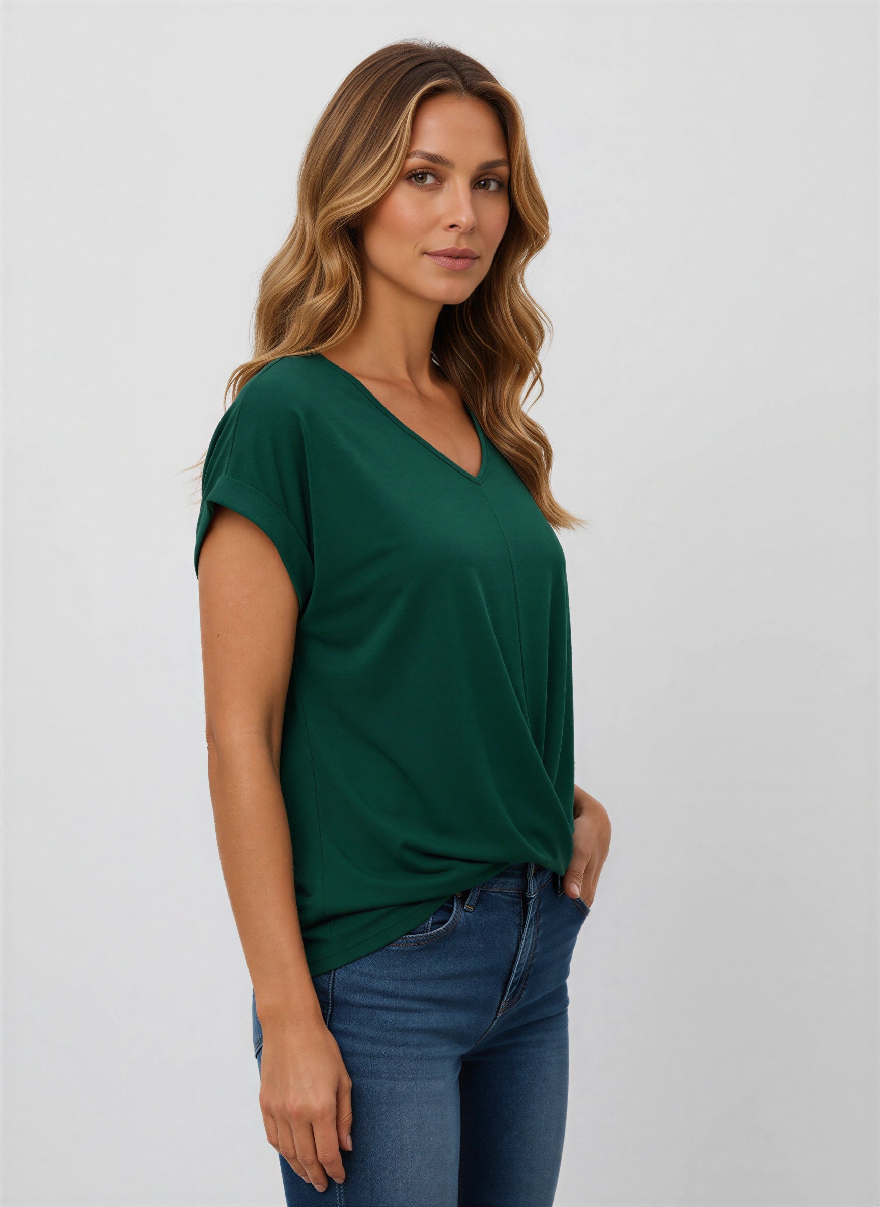 Vertice - Haut à col en V torsadé sur le devant - T-shirt décontracté pour femme, coupe ample, manches à revers, style tunique