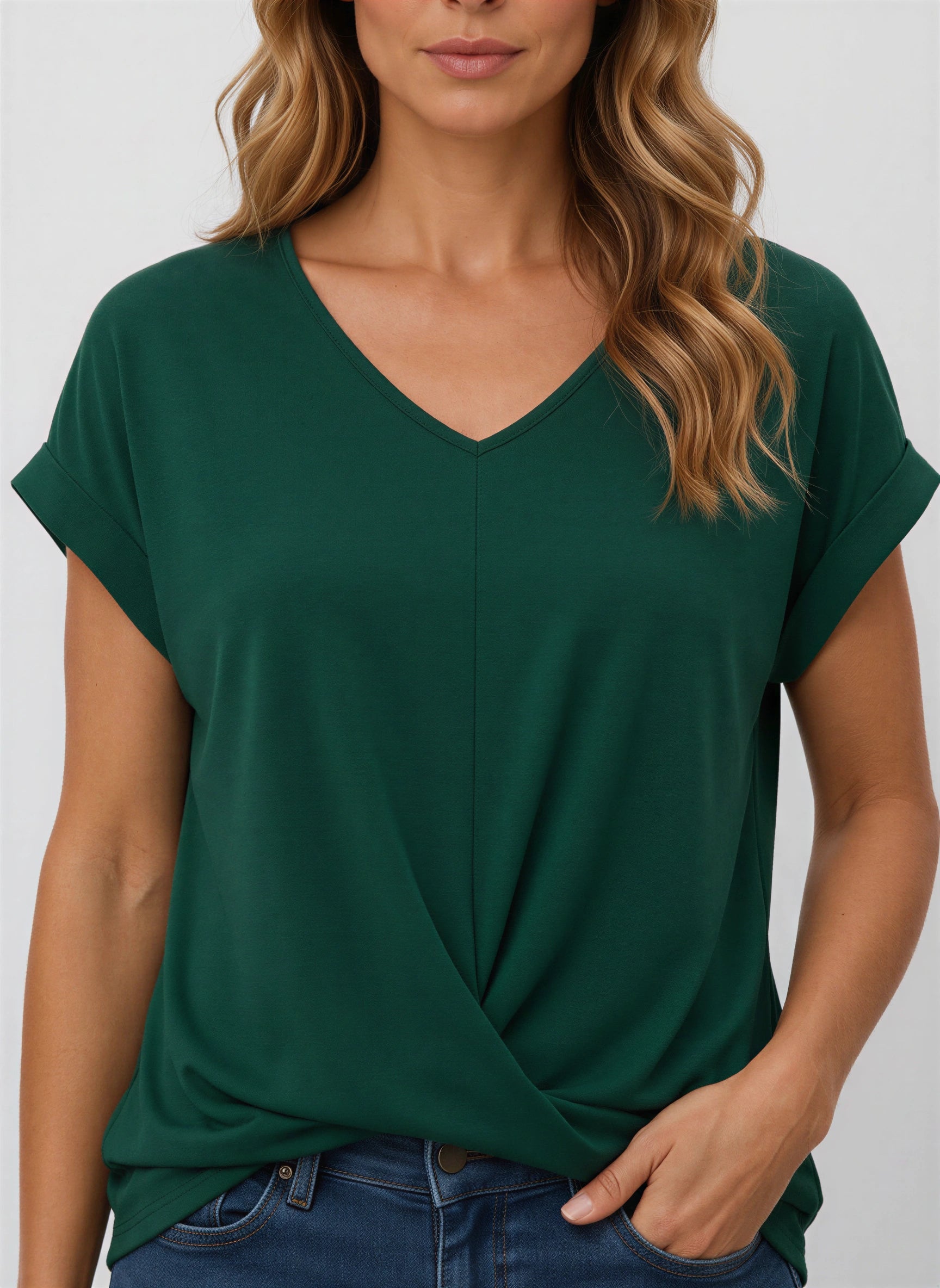 Vertice - Haut à col en V torsadé sur le devant - T-shirt décontracté pour femme, coupe ample, manches à revers, style tunique