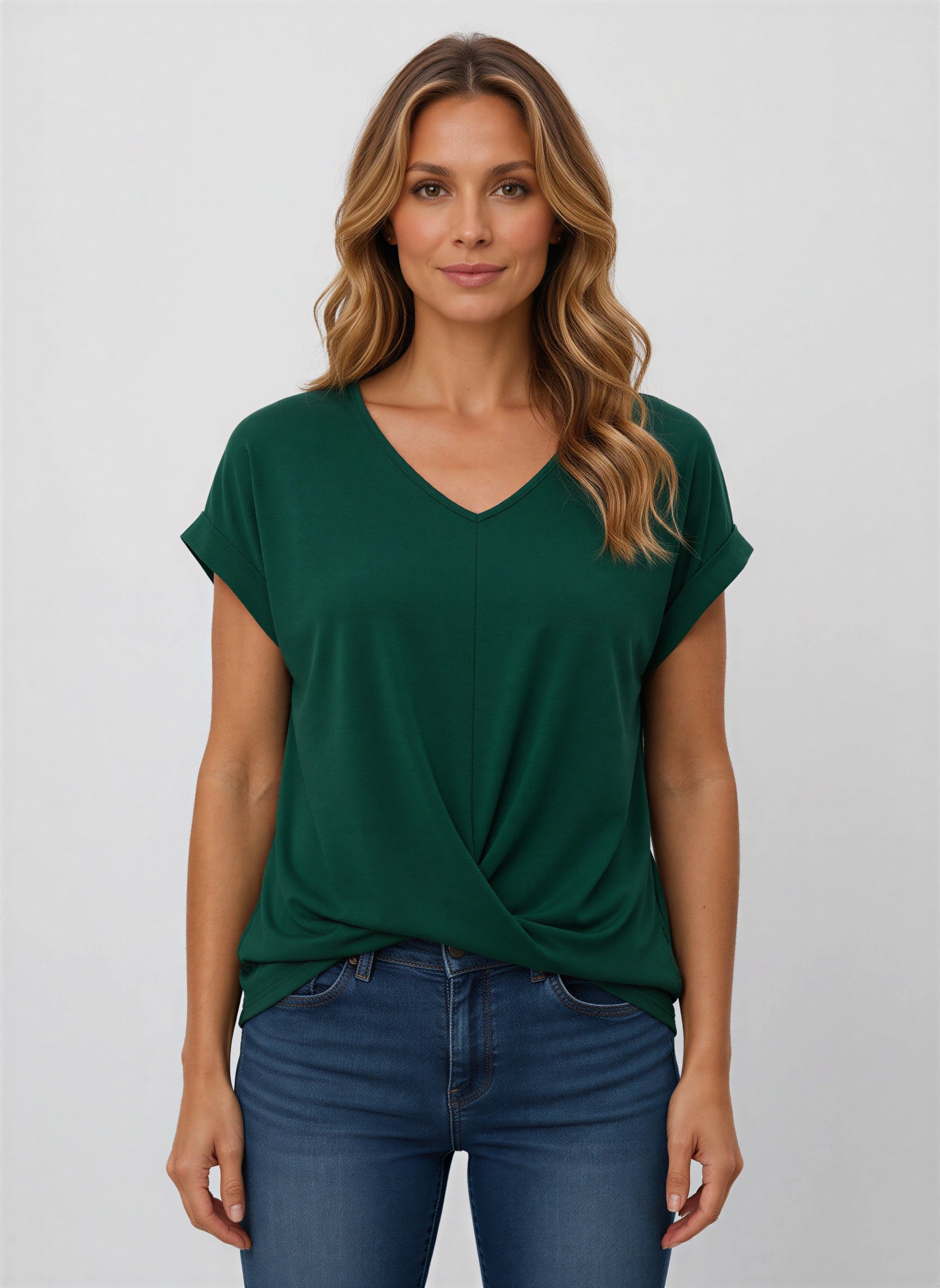 Vertice - Haut à col en V torsadé sur le devant - T-shirt décontracté pour femme, coupe ample, manches à revers, style tunique