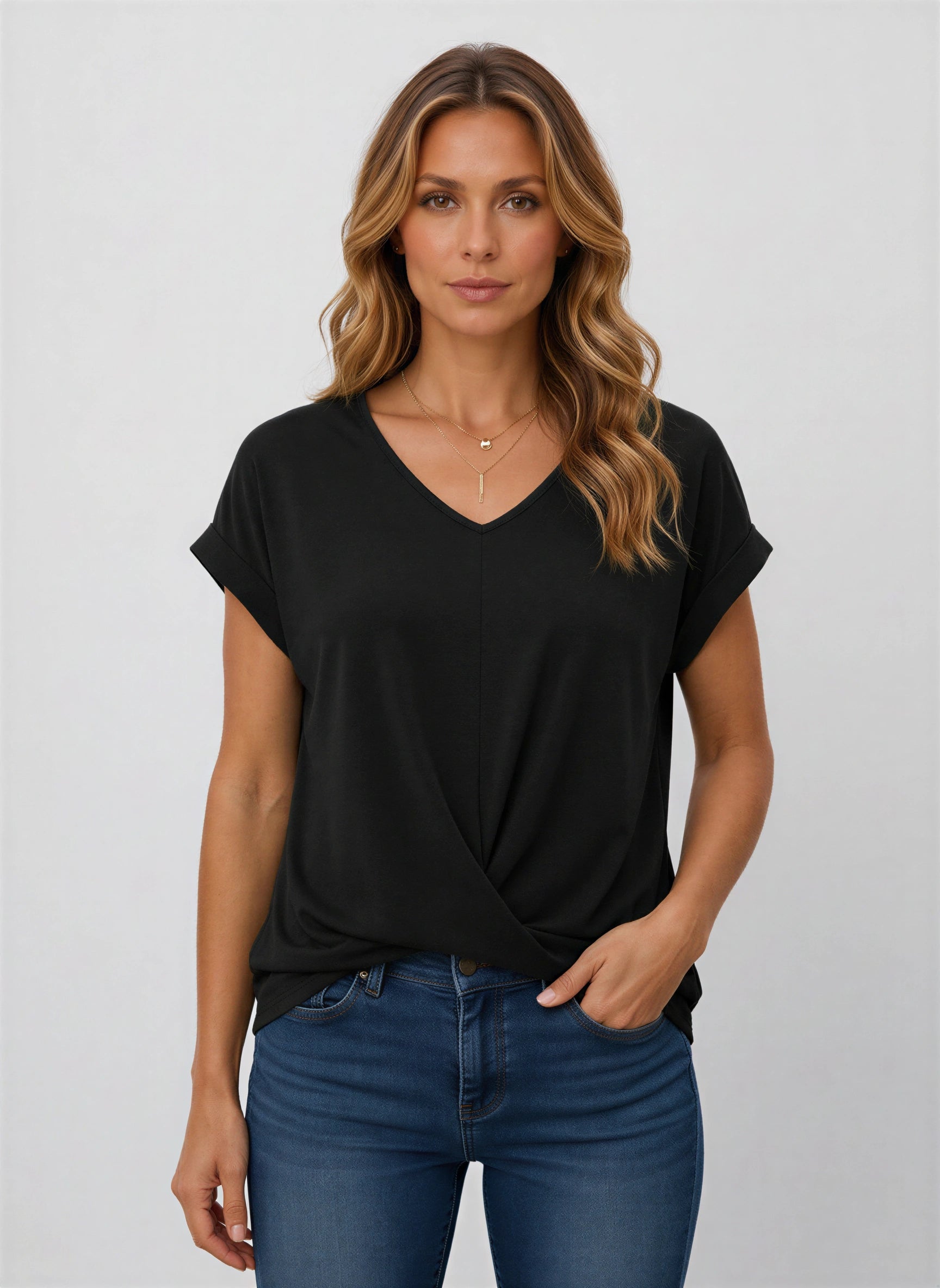 Vertice - Haut à col en V torsadé sur le devant - T-shirt décontracté pour femme, coupe ample, manches à revers, style tunique
