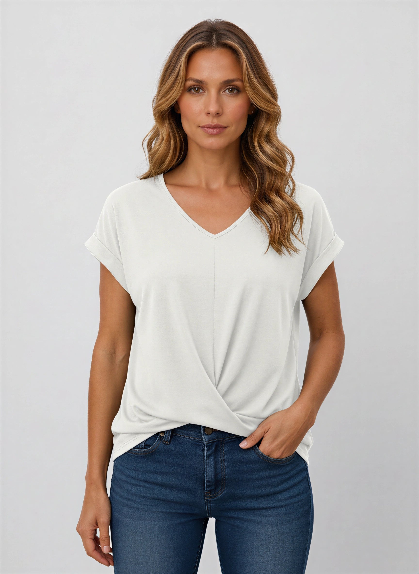Vertice - Haut à col en V torsadé sur le devant - T-shirt décontracté pour femme, coupe ample, manches à revers, style tunique
