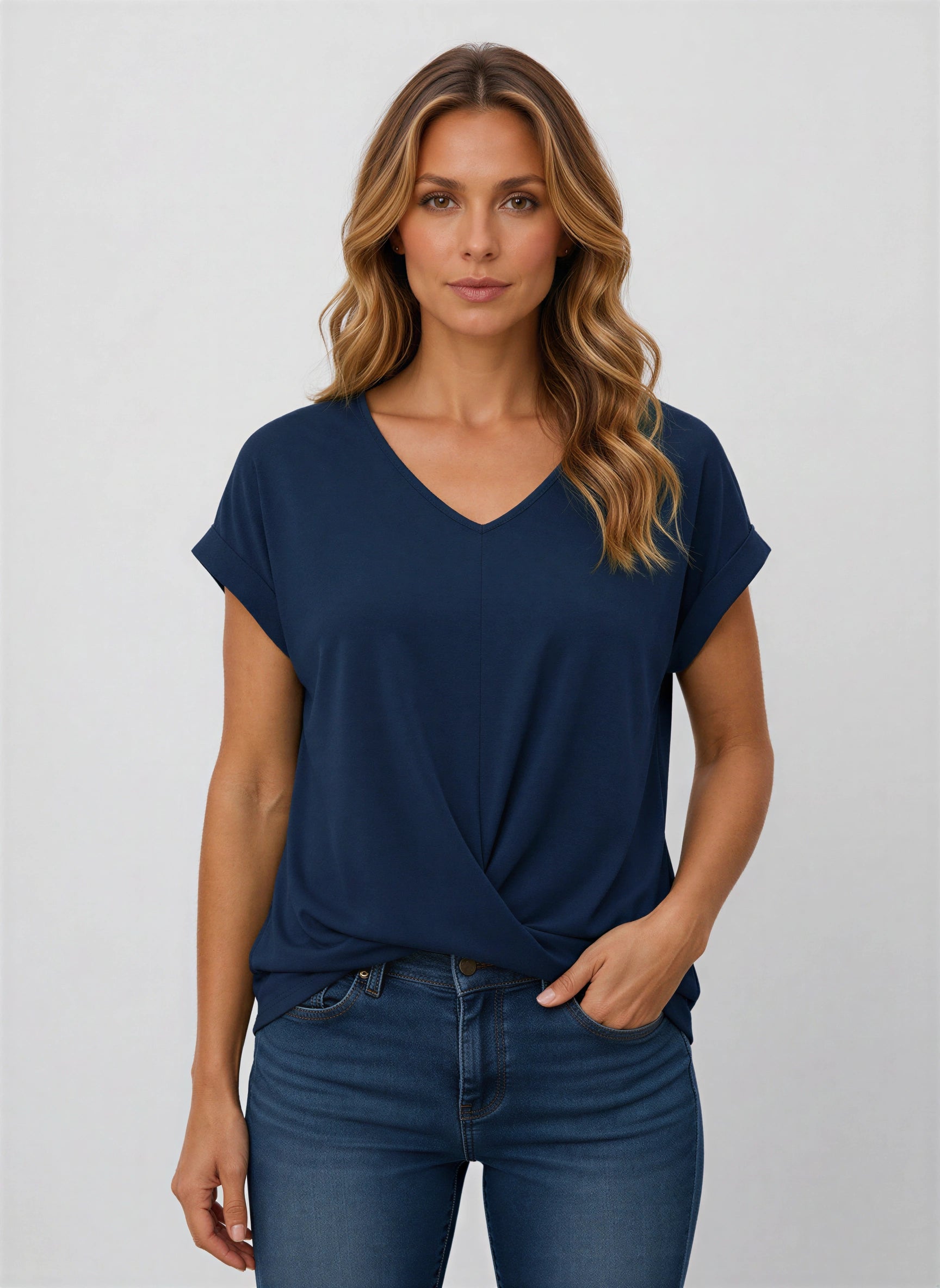 Vertice - Haut à col en V torsadé sur le devant - T-shirt décontracté pour femme, coupe ample, manches à revers, style tunique