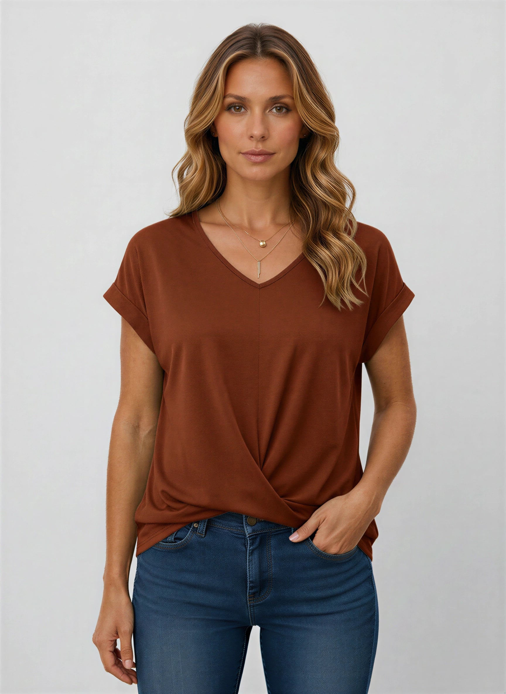 Vertice - Haut à col en V torsadé sur le devant - T-shirt décontracté pour femme, coupe ample, manches à revers, style tunique