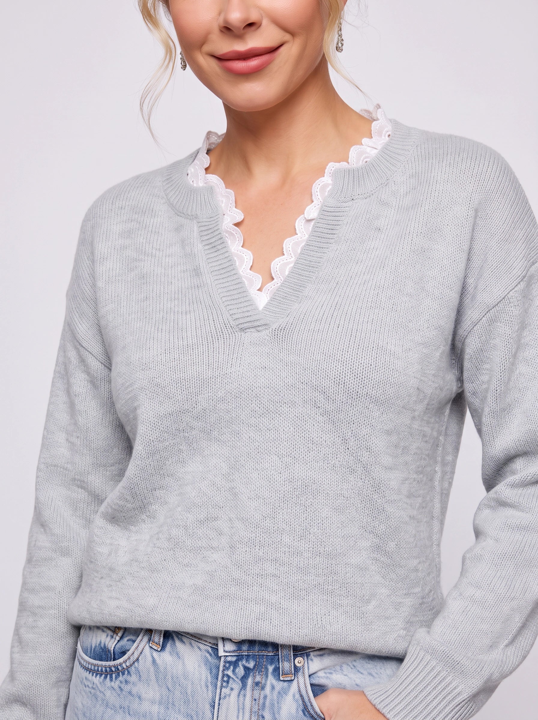Fiorenta - Pull en maille à col en V festonné - Pull côtelé décontracté pour femme, modèle à enfiler, idéal pour la maison