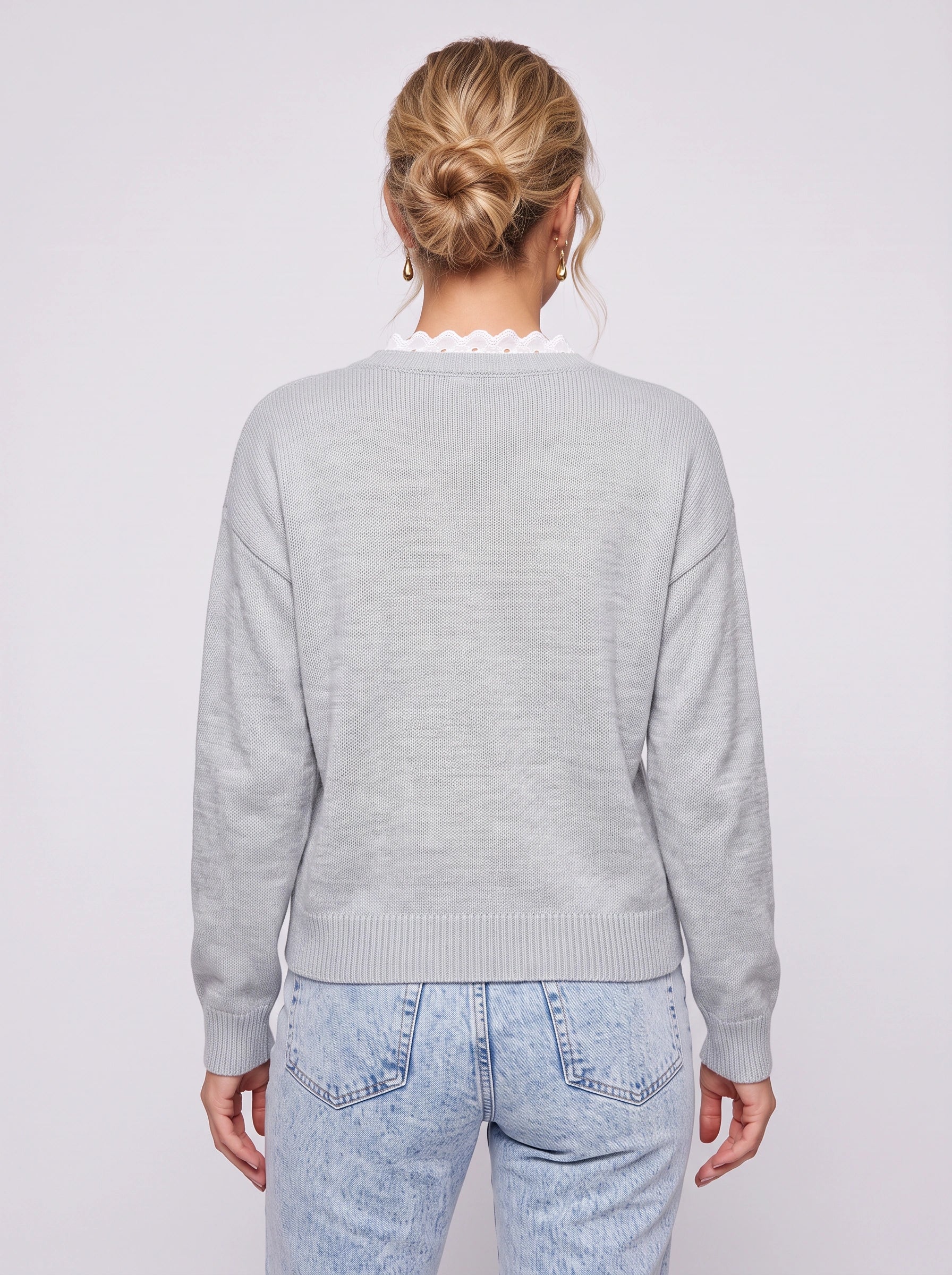 Fiorenta - Pull en maille à col en V festonné - Pull côtelé décontracté pour femme, modèle à enfiler, idéal pour la maison