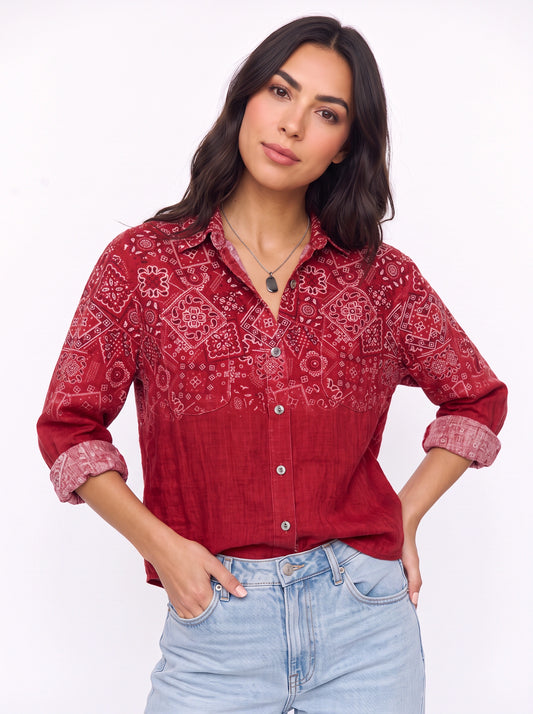 Bandarra Bandana Print Button-Down Shirt – Women Oversized Long Sleeve Western Boho Blouse