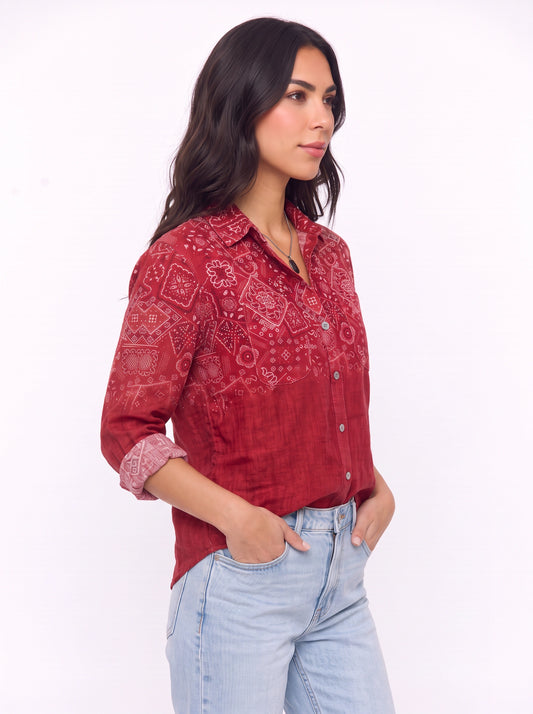 Bandarra Bandana Print Button-Down Shirt – Women Oversized Long Sleeve Western Boho Blouse