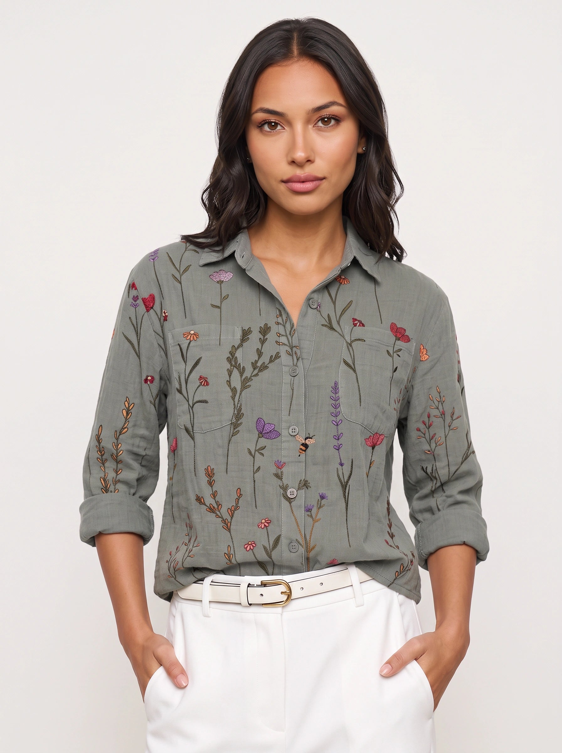 Florivio Embroidered Button-Up Shirt – Women Casual Floral Long Sleeve Collared Top Boho Fall Everyday Shirt