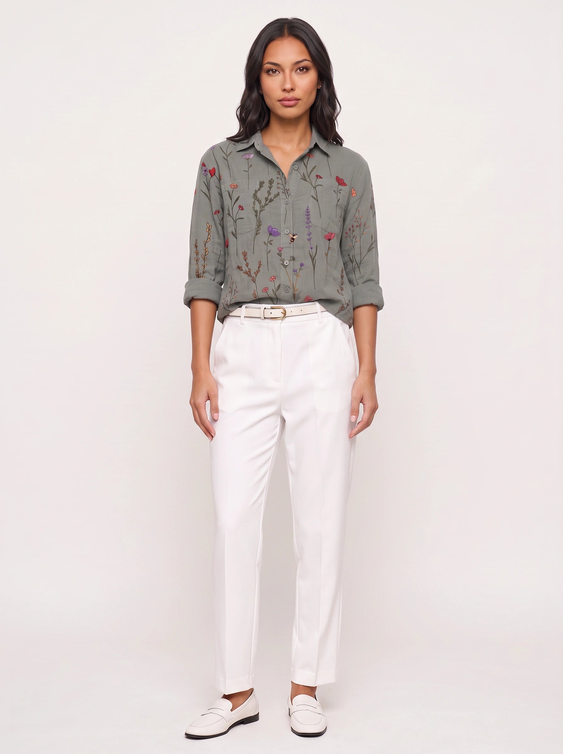 Florivio Embroidered Button-Up Shirt – Women Casual Floral Long Sleeve Collared Top Boho Fall Everyday Shirt
