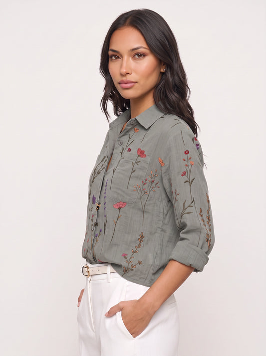 Florivio Embroidered Button-Up Shirt – Women Casual Floral Long Sleeve Collared Top Boho Fall Everyday Shirt