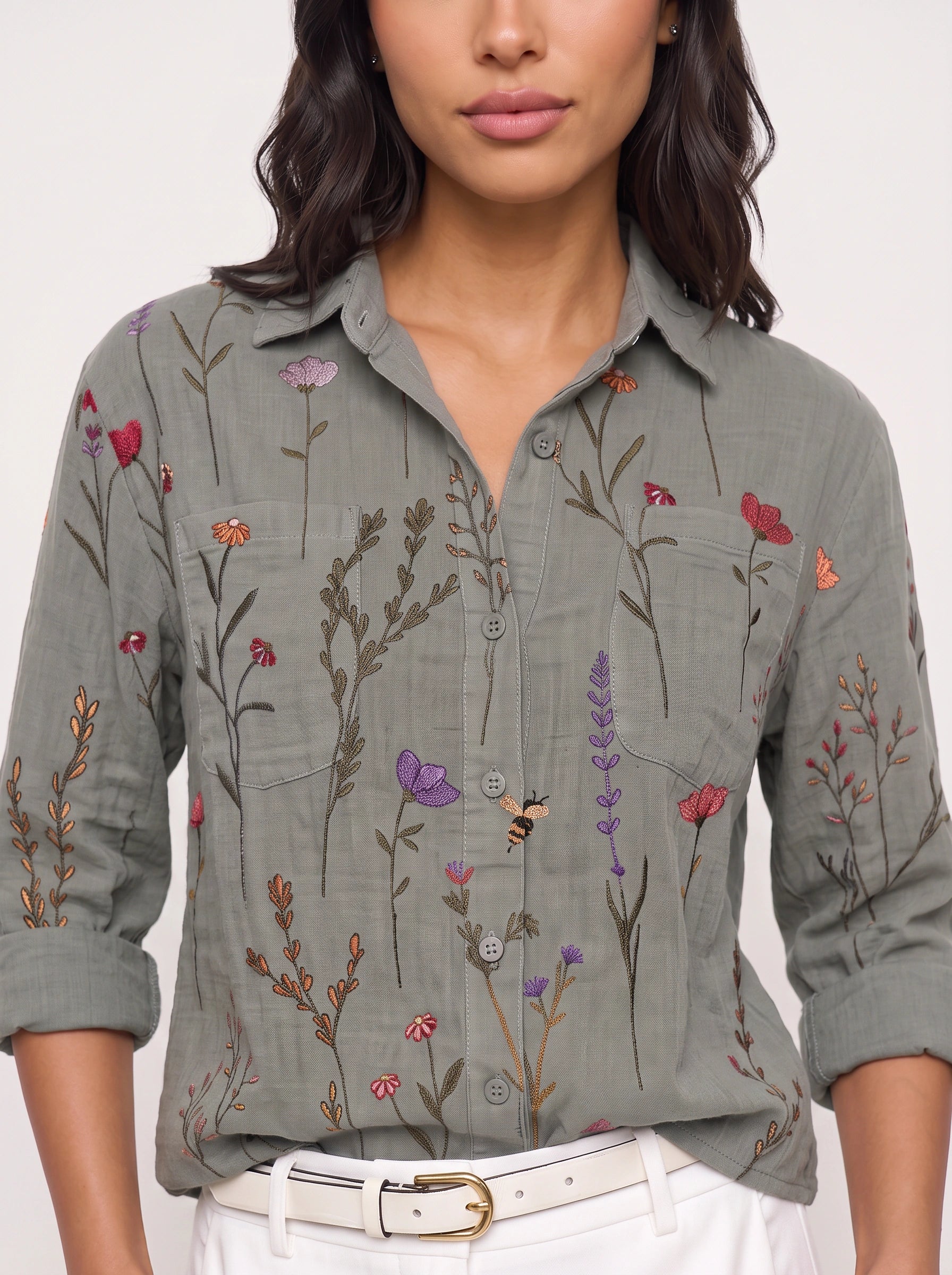 Florivio Embroidered Button-Up Shirt – Women Casual Floral Long Sleeve Collared Top Boho Fall Everyday Shirt