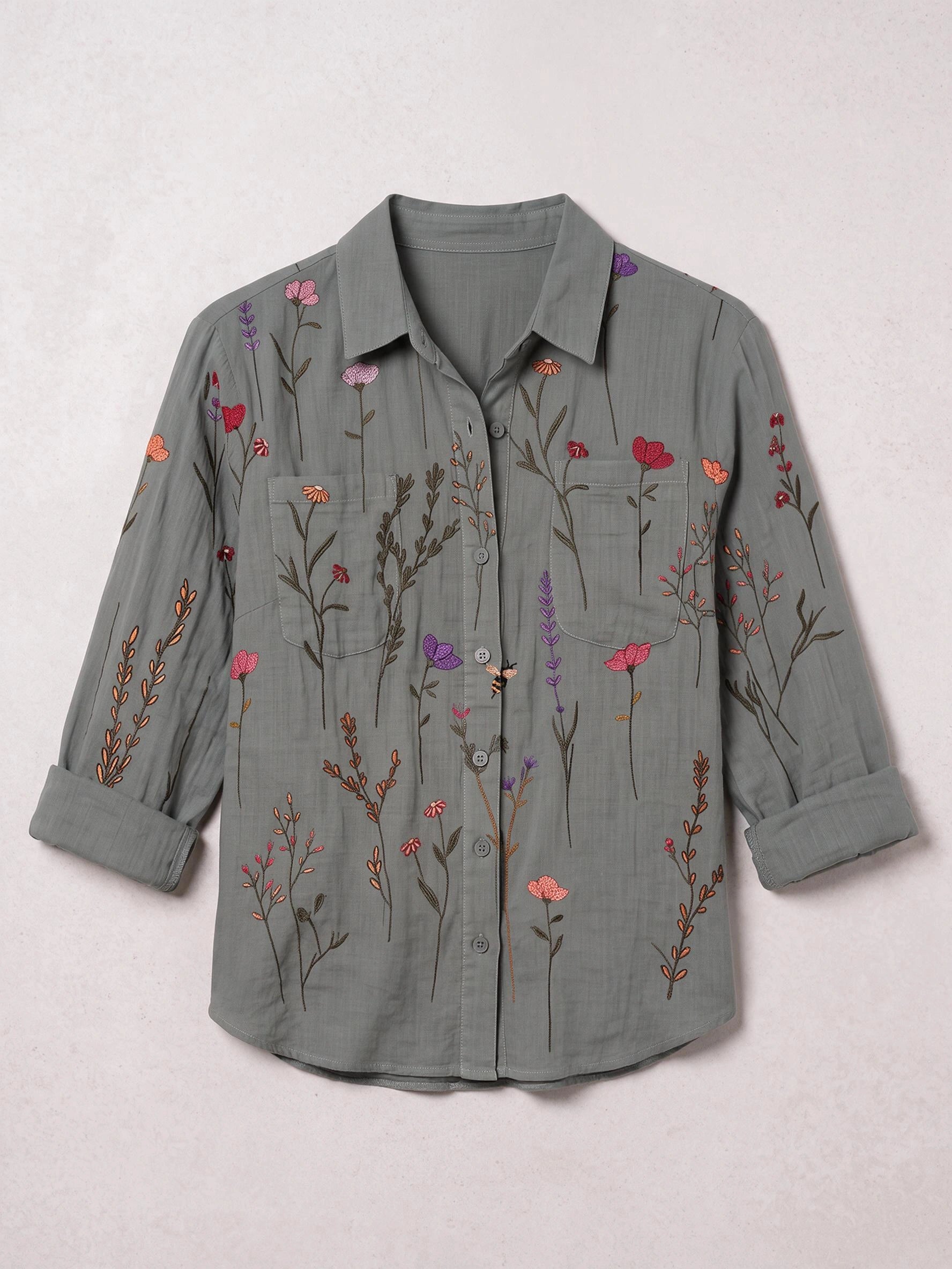 Florivio Embroidered Button-Up Shirt – Women Casual Floral Long Sleeve Collared Top Boho Fall Everyday Shirt
