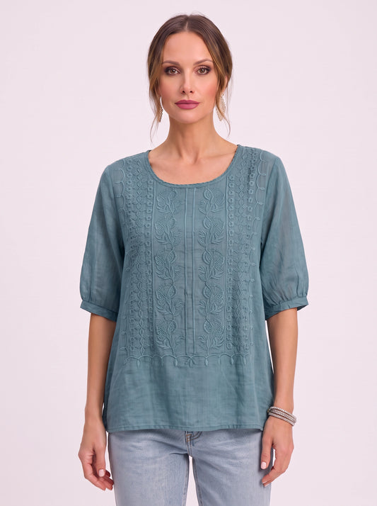 Floriva Embroidered Linen Blouse – Women Casual Boho Three-Quarter Sleeve Relaxed Fit Tunic Top