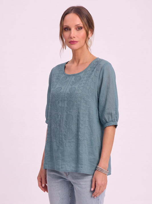 Floriva Embroidered Linen Blouse – Women Casual Boho Three-Quarter Sleeve Relaxed Fit Tunic Top