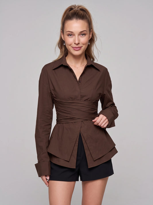 Freya Tailored Wrap Shirt – Women Formal Office Workwear Structured Collar Long Sleeve Wrap Top