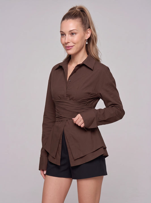 Freya Tailored Wrap Shirt – Women Formal Office Workwear Structured Collar Long Sleeve Wrap Top