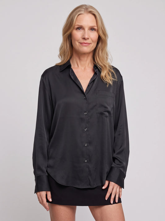 Ondine Satin Oversized Button-Up Shirt – Silk Feel Long Sleeve Women Formal Office Workwear Blouse