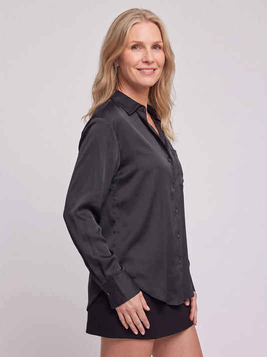 Ondine Satin Oversized Button-Up Shirt – Silk Feel Long Sleeve Women Formal Office Workwear Blouse