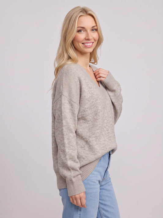 Gravel V-Neck Oversized Sweater – Women Casual Knit Loungewear Relaxed Fit Pullover Top
