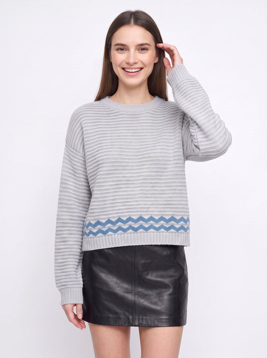 Ondova Ribbed Knit Crop Sweater – Striped Knit Sweater Women Fall Casual Pullover Cropped Top